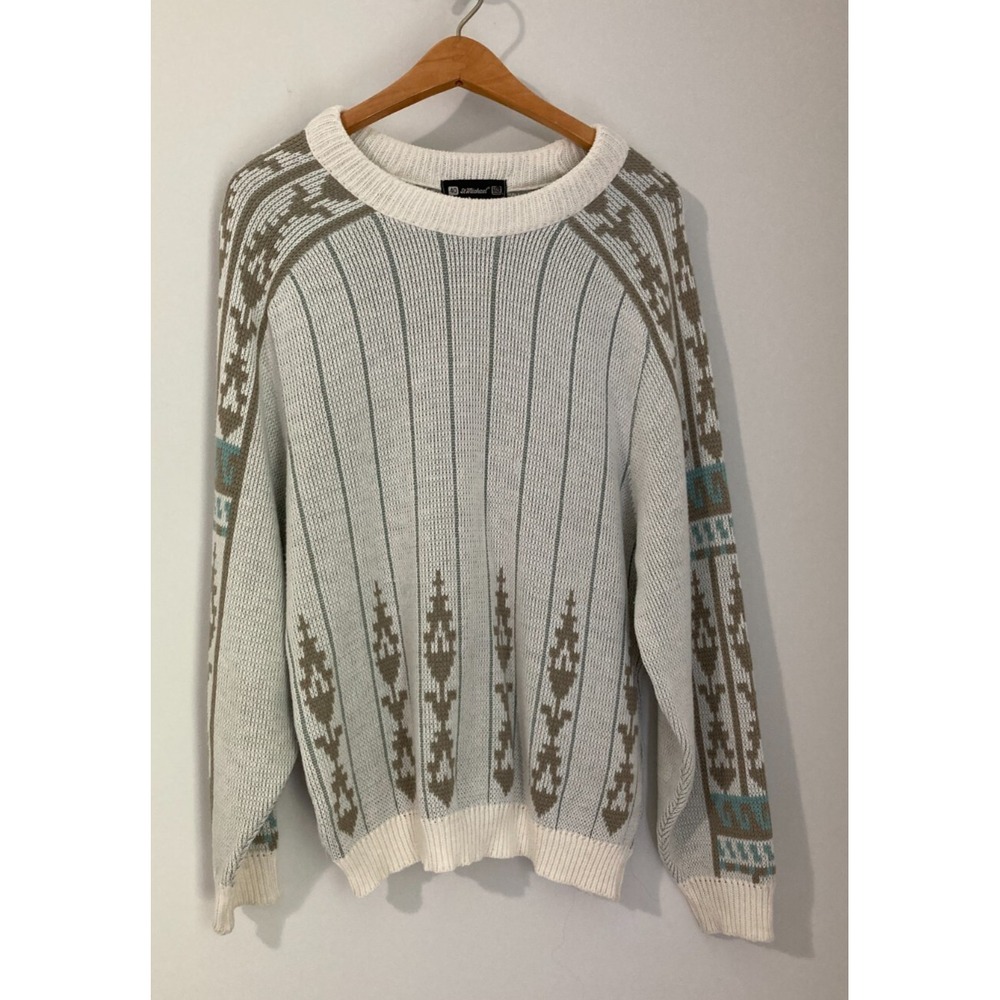 St Michael Crew Neck Sweater Mens 40 Large White Brown Geometric Vintage Knit